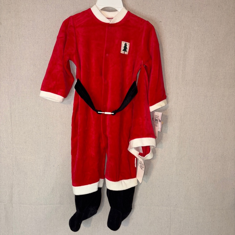 Little Me One Piece Santa Suit Romper 12 Month Velour With Belt NWT!